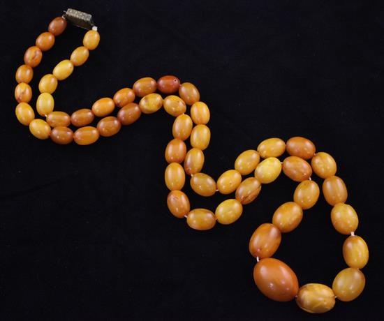 A single strand graduated amber oval bead necklace, 27.5in.